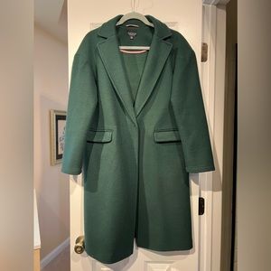 Topshop green overcoat with pink color and trim.
